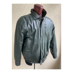 Vintage 90s Green Leather Bomber Dad Jacket Southwest Pattern Lining